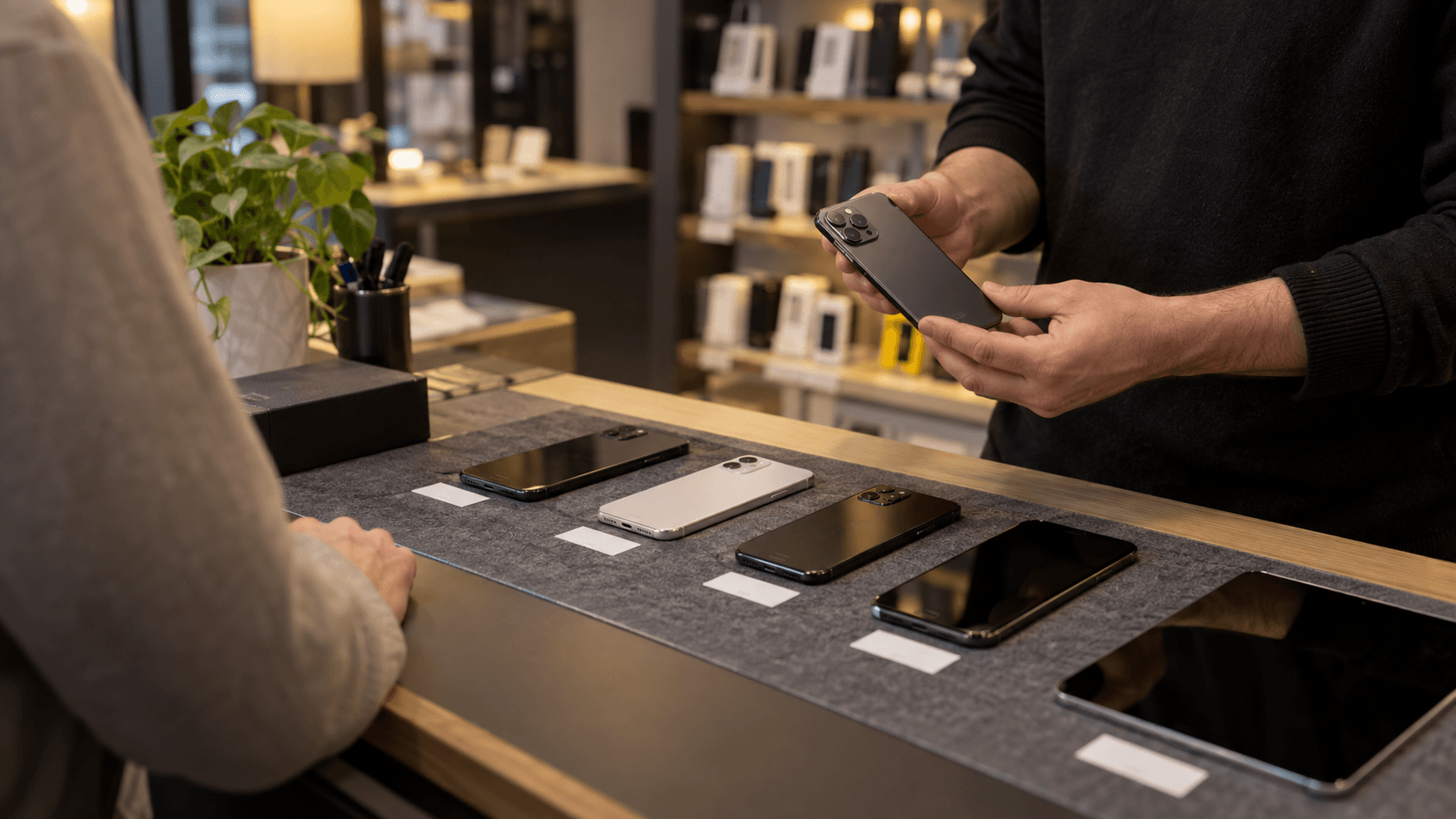 Geprüfte Smartphones auf einer Verkaufstheke mit Preisschildern
