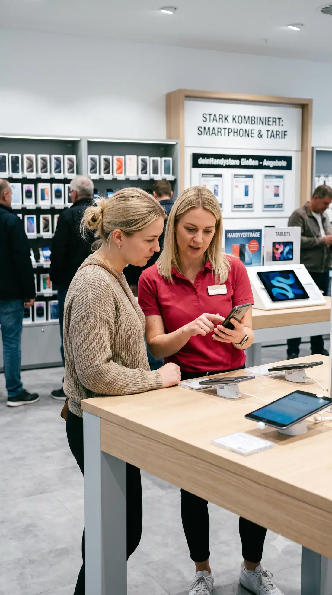 Kundinnen informieren sich über Smartphone- und Tarif-Kombiangebote im Fachgeschäft