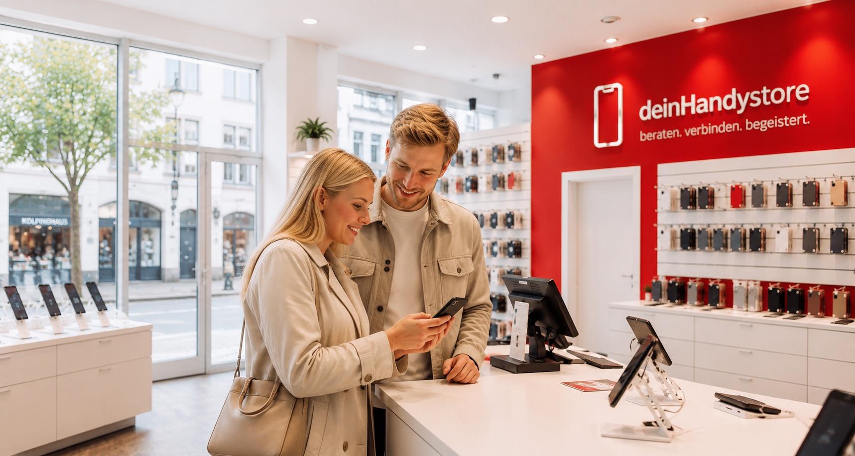 Paar lässt sich an der Theke im deinHandystore Gießen zu einem Smartphone beraten, im Hintergrund die rote Markenwand